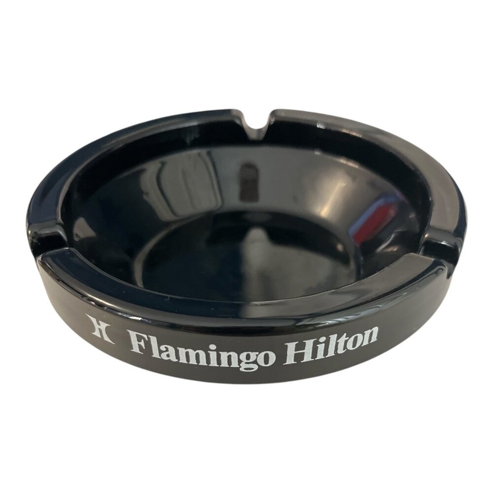 Flamingo Hilton Las Vegas Glass Ashtray Black 4.5 Inch Vintage Casino
